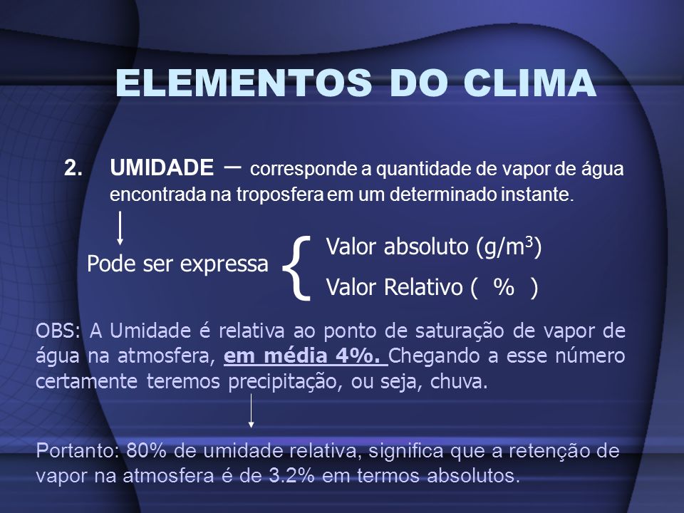 ELEMENTOS DO CLIMA 2. UMIDADE – corresponde a quantidade de vapor de água encontrada na troposfera em um determinado instante.