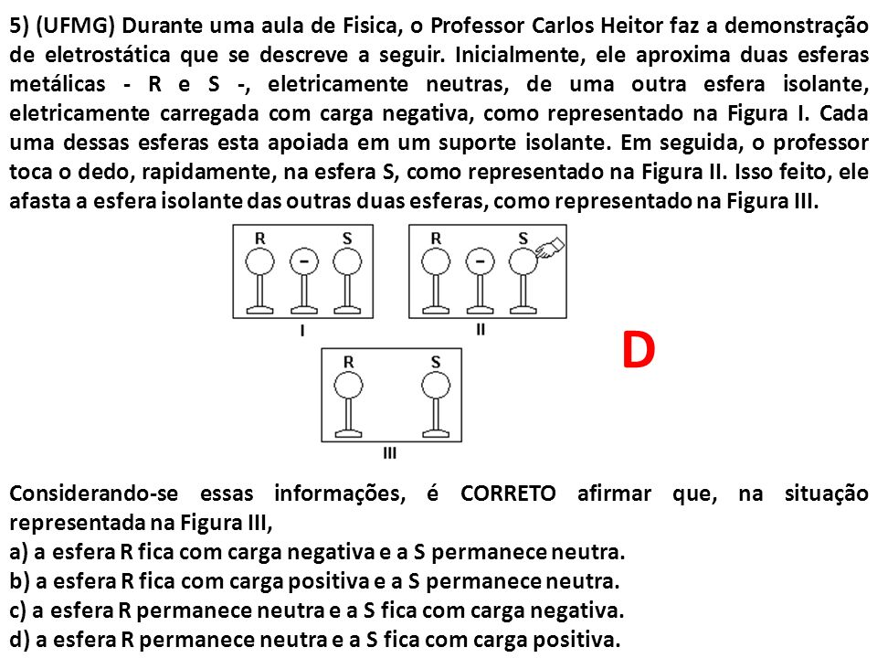 5) (UFMG) Durante uma aula de Fisica, o Professor Carlos Heitor faz a demonstração de eletrostática que se descreve a seguir. Inicialmente, ele aproxima duas esferas metálicas - R e S -, eletricamente neutras, de uma outra esfera isolante, eletricamente carregada com carga negativa, como representado na Figura I. Cada uma dessas esferas esta apoiada em um suporte isolante. Em seguida, o professor toca o dedo, rapidamente, na esfera S, como representado na Figura II. Isso feito, ele afasta a esfera isolante das outras duas esferas, como representado na Figura III.