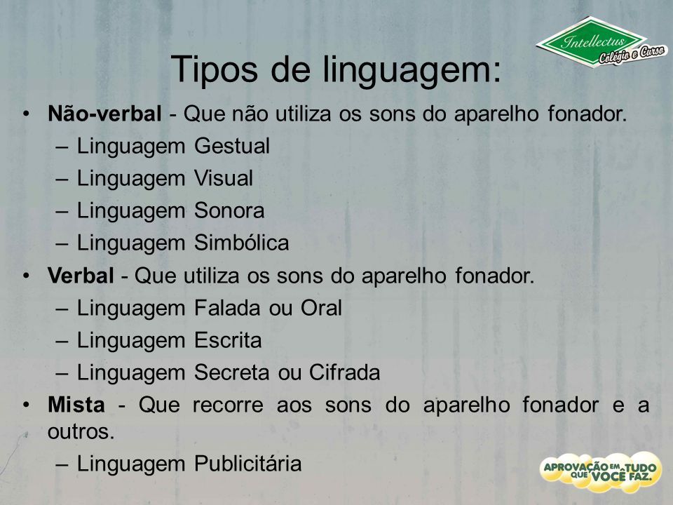 Tipos de linguagem: Não-verbal - Que não utiliza os sons do aparelho fonador. Linguagem Gestual. Linguagem Visual.