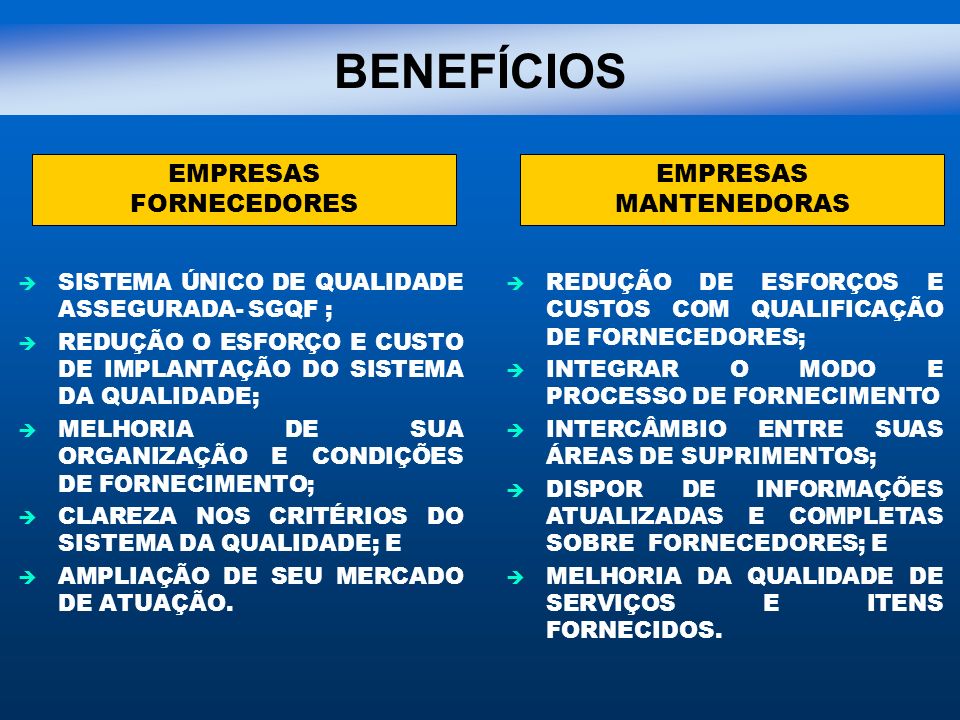 BENEFÍCIOS EMPRESAS FORNECEDORES MANTENEDORAS