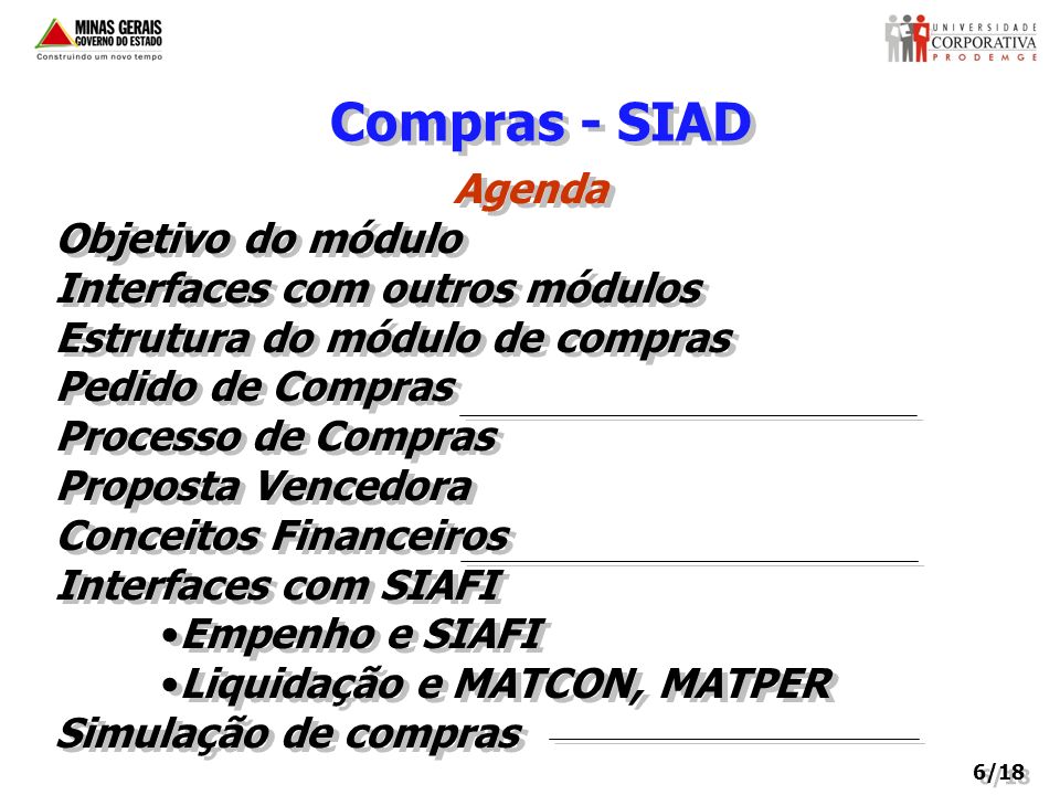 Compras - SIAD Agenda Objetivo do módulo Interfaces com outros módulos