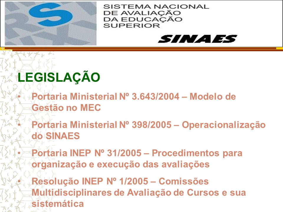 LEGISLAÇÃO Portaria Ministerial Nº 3.643/2004 – Modelo de Gestão no MEC. Portaria Ministerial Nº 398/2005 – Operacionalização do SINAES.