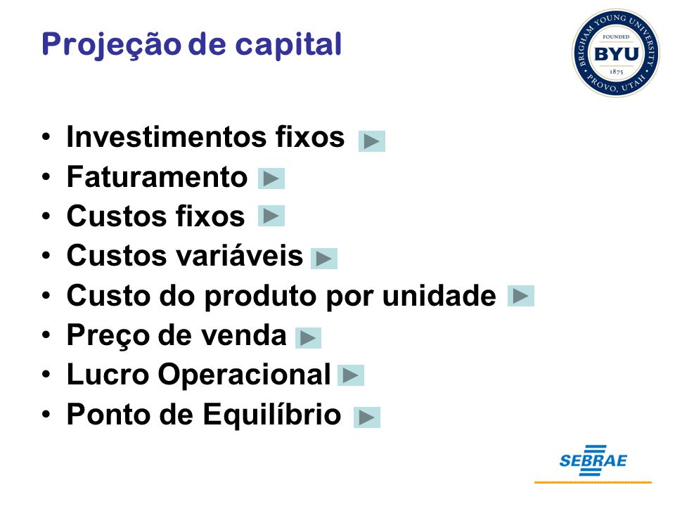 Projeção de capital Investimentos fixos Faturamento Custos fixos