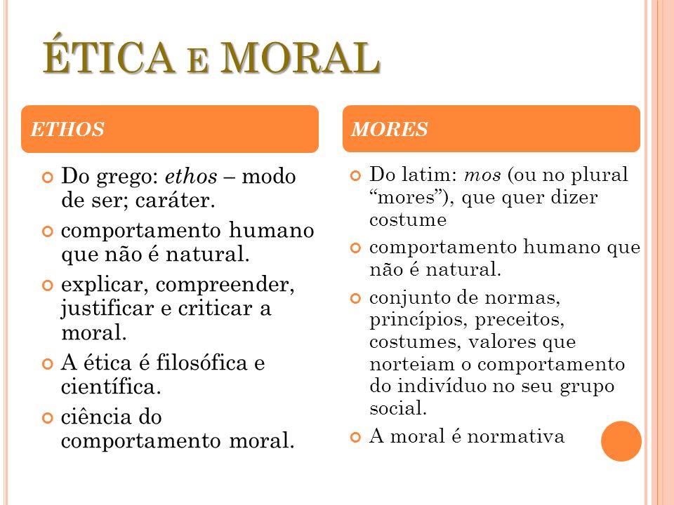 ÉTICA e MORAL Do grego: ethos – modo de ser; caráter.
