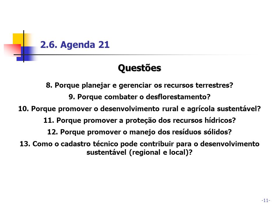 2.6. Agenda 21 Questões. 8. Porque planejar e gerenciar os recursos terrestres 9. Porque combater o desflorestamento