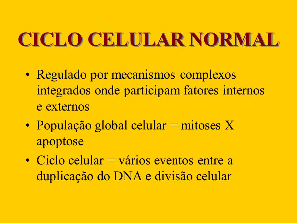 CICLO CELULAR NORMAL Regulado por mecanismos complexos integrados onde participam fatores internos e externos.