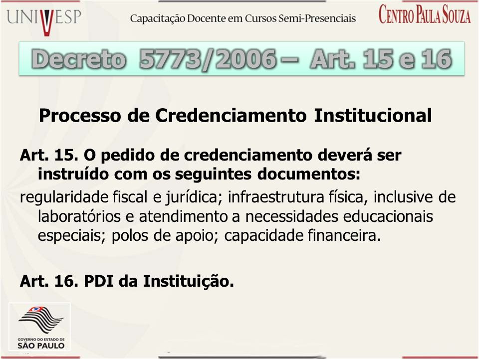 Decreto 5773/2006 – Art. 15 e 16 Processo de Credenciamento Institucional.