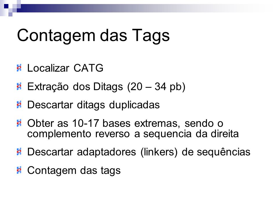 Contagem das Tags Localizar CATG Extração dos Ditags (20 – 34 pb)