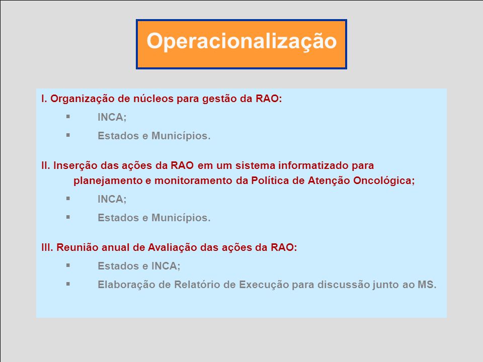 Operacionalização I. Organização de núcleos para gestão da RAO: INCA;