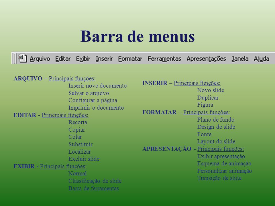 Barra de menus ARQUIVO – Principais funções: Inserir novo documento