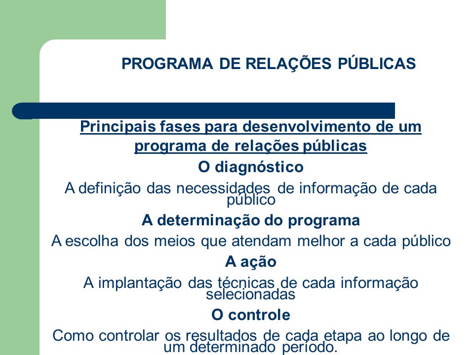 PROGRAMA DE RELAÇÕES PÚBLICAS A determinação do programa