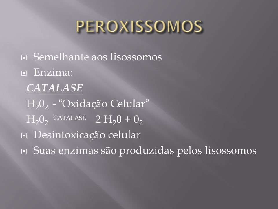 PEROXISSOMOS Semelhante aos lisossomos Enzima: CATALASE