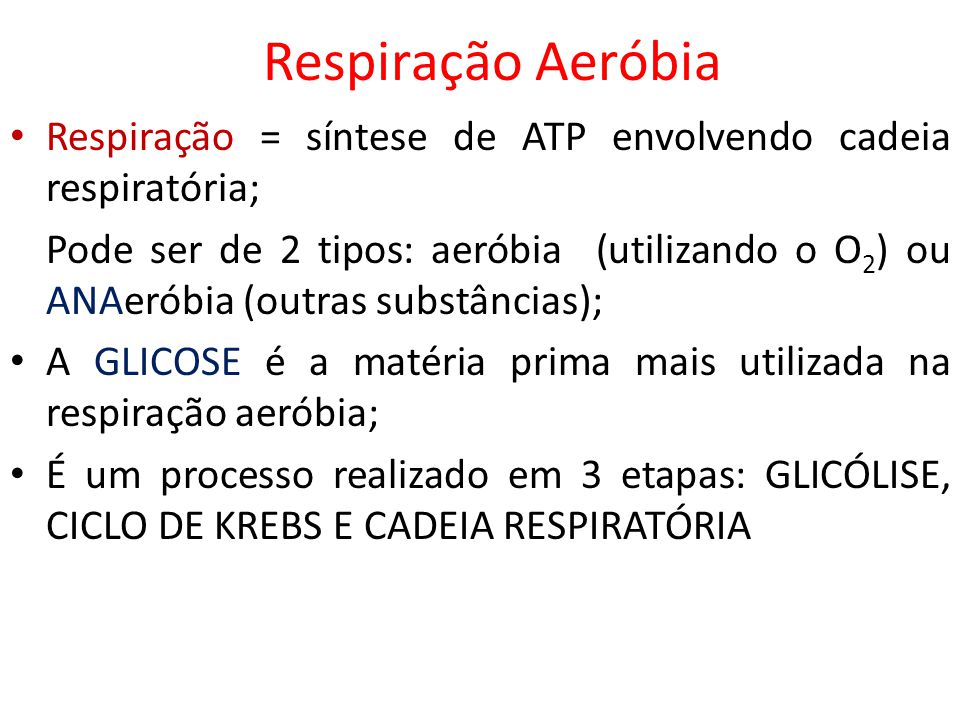 Respiração Aeróbia Respiração = síntese de ATP envolvendo cadeia respiratória;