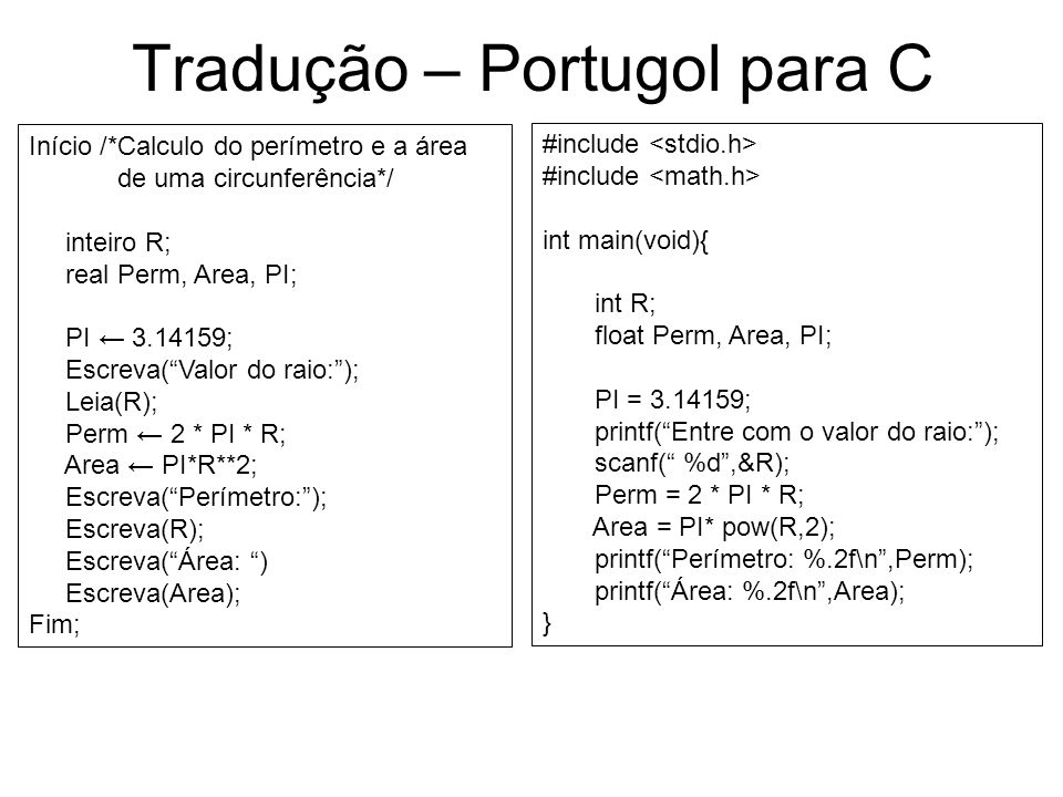 Tradução – Portugol para C