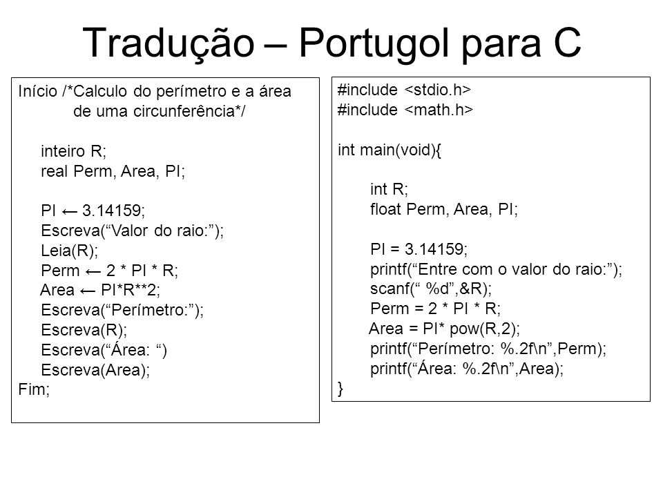 Tradução – Portugol para C