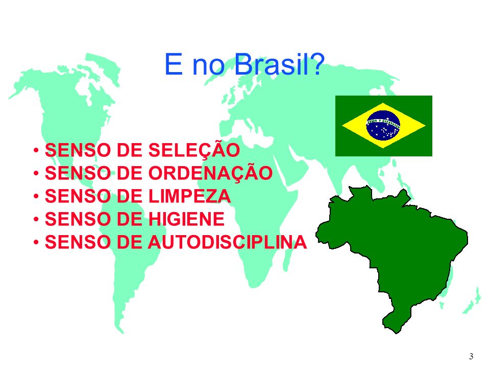 E no Brasil SENSO DE SELEÇÃO SENSO DE ORDENAÇÃO SENSO DE LIMPEZA
