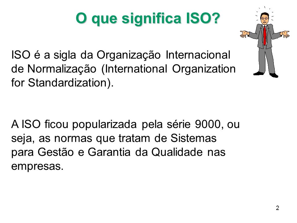 O que significa ISO ISO é a sigla da Organização Internacional de Normalização (International Organization for Standardization).