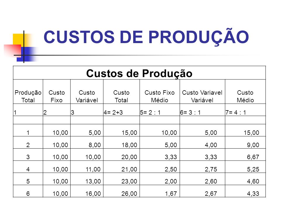 CUSTOS DE PRODUÇÃO Custos de Produção Produção Total Custo Fixo