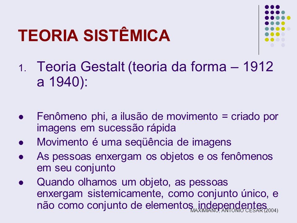 TEORIA SISTÊMICA Teoria Gestalt (teoria da forma – 1912 a 1940):