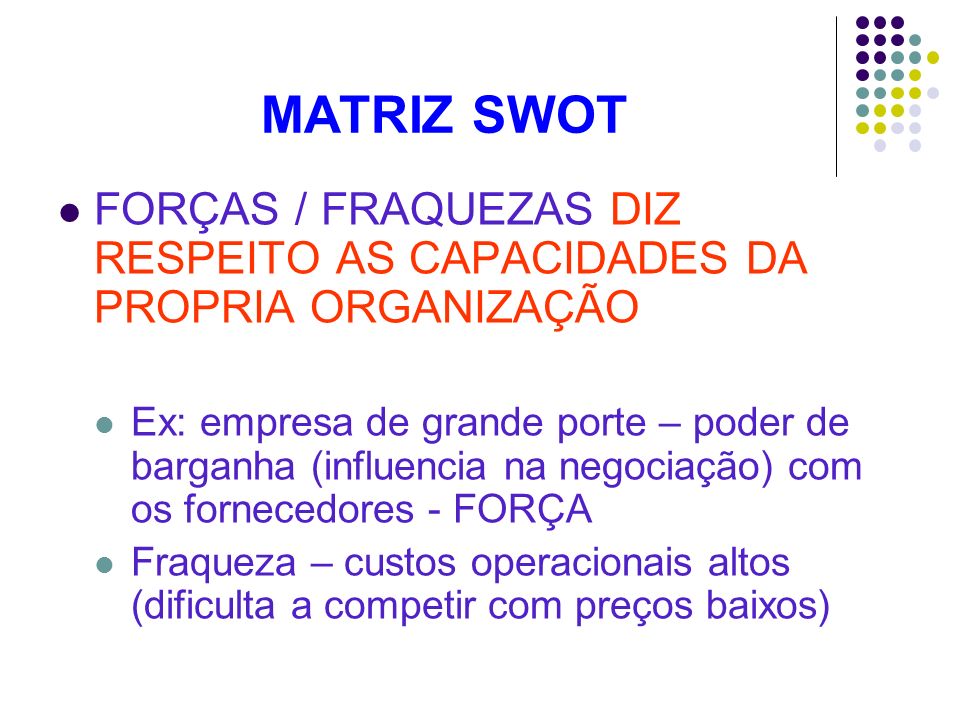 MATRIZ SWOT FORÇAS / FRAQUEZAS DIZ RESPEITO AS CAPACIDADES DA PROPRIA ORGANIZAÇÃO.