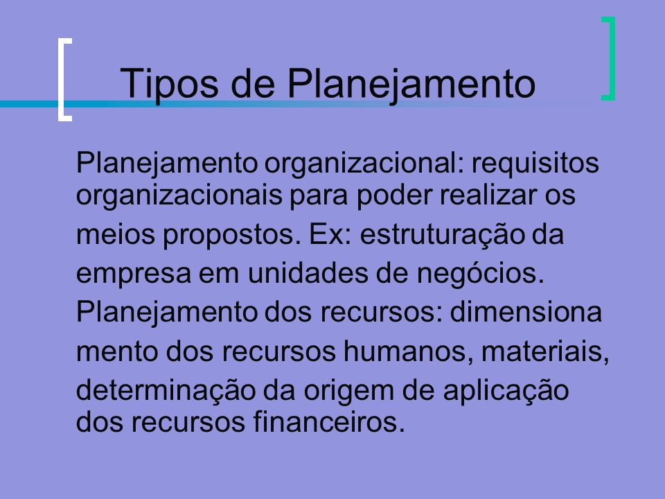 Tipos de Planejamento Planejamento organizacional: requisitos organizacionais para poder realizar os.