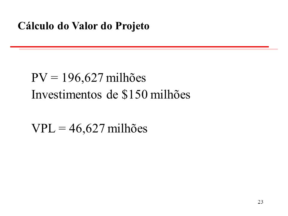 Investimentos de $150 milhões VPL = 46,627 milhões