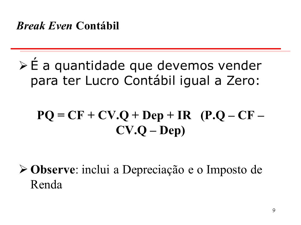 PQ = CF + CV.Q + Dep + IR (P.Q – CF – CV.Q – Dep)