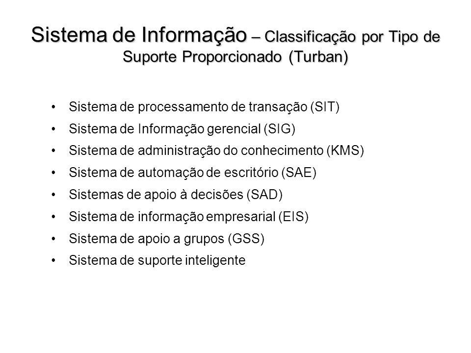 Sistema de Informação – Classificação por Tipo de Suporte Proporcionado (Turban)