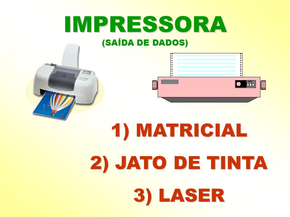 IMPRESSORA (SAÍDA DE DADOS) 1) MATRICIAL 2) JATO DE TINTA 3) LASER