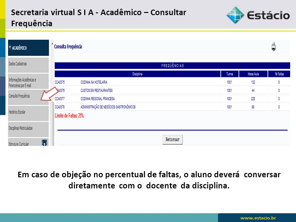 Secretaria virtual S I A - Acadêmico – Consultar Frequência