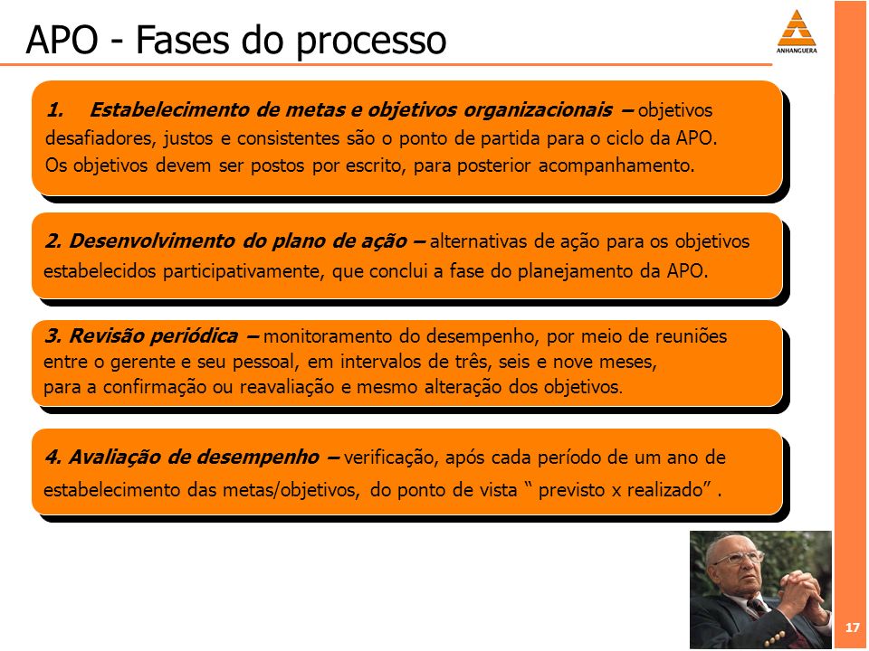 APO - Fases do processo Estabelecimento de metas e objetivos organizacionais – objetivos.