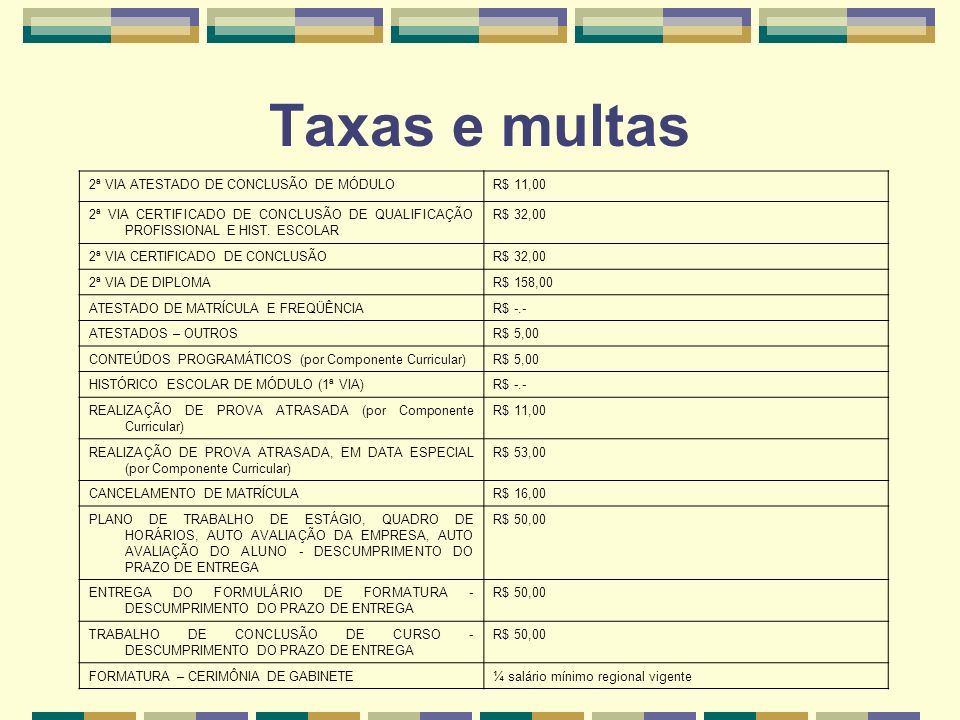Taxas e multas 2ª VIA ATESTADO DE CONCLUSÃO DE MÓDULO R$ 11,00