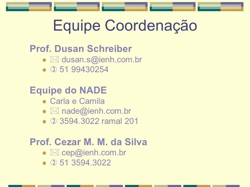 Equipe Coordenação Prof. Dusan Schreiber Equipe do NADE