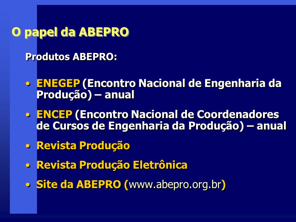 O papel da ABEPRO Produtos ABEPRO: ENEGEP (Encontro Nacional de Engenharia da Produção) – anual.