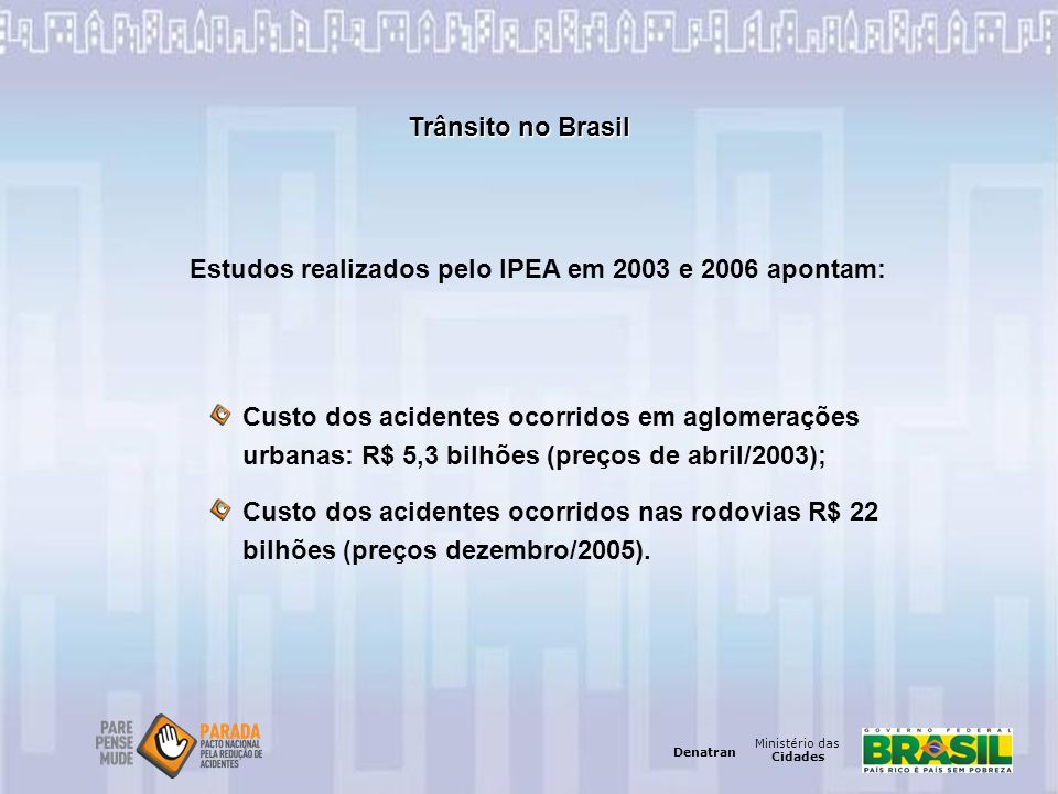Trânsito no Brasil Estudos realizados pelo IPEA em 2003 e 2006 apontam: