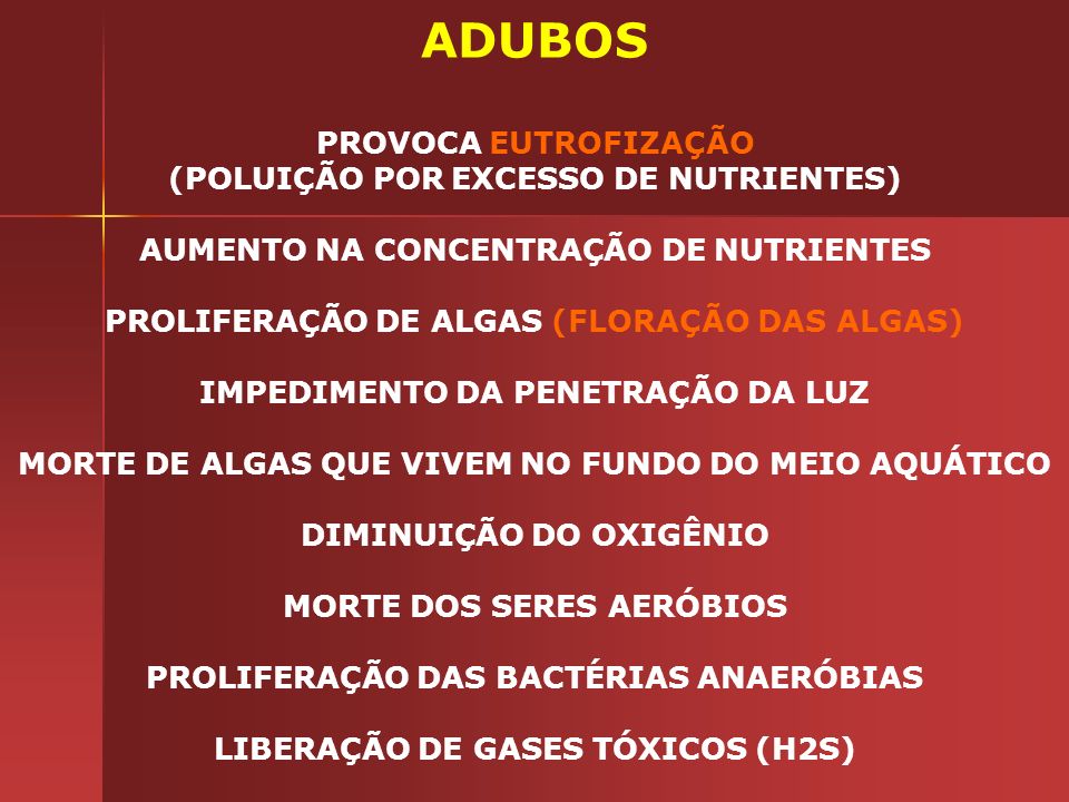 ADUBOS PROVOCA EUTROFIZAÇÃO (POLUIÇÃO POR EXCESSO DE NUTRIENTES)