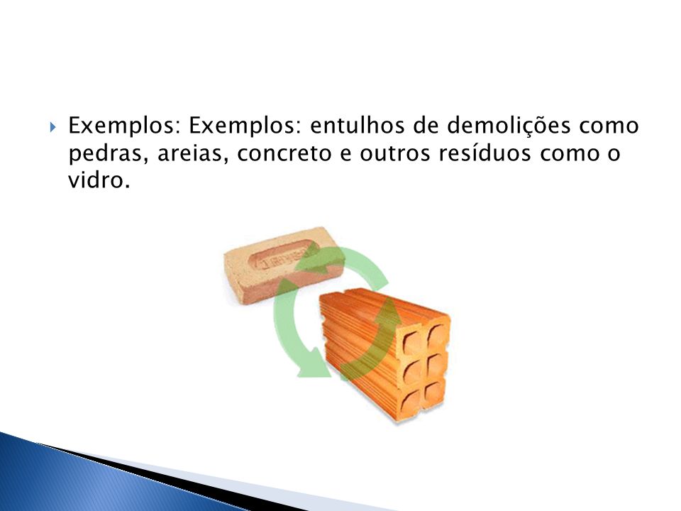 Exemplos: Exemplos: entulhos de demolições como pedras, areias, concreto e outros resíduos como o vidro.