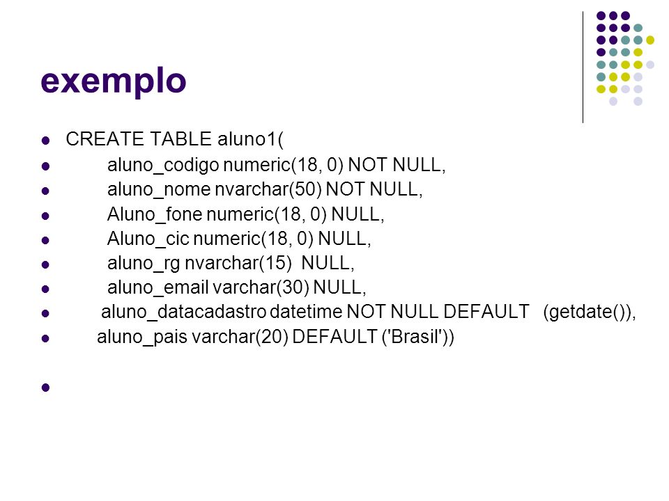 exemplo CREATE TABLE aluno1( aluno_codigo numeric(18, 0) NOT NULL,