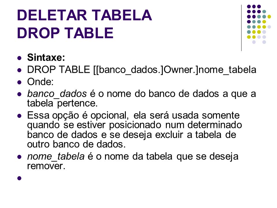 DELETAR TABELA DROP TABLE