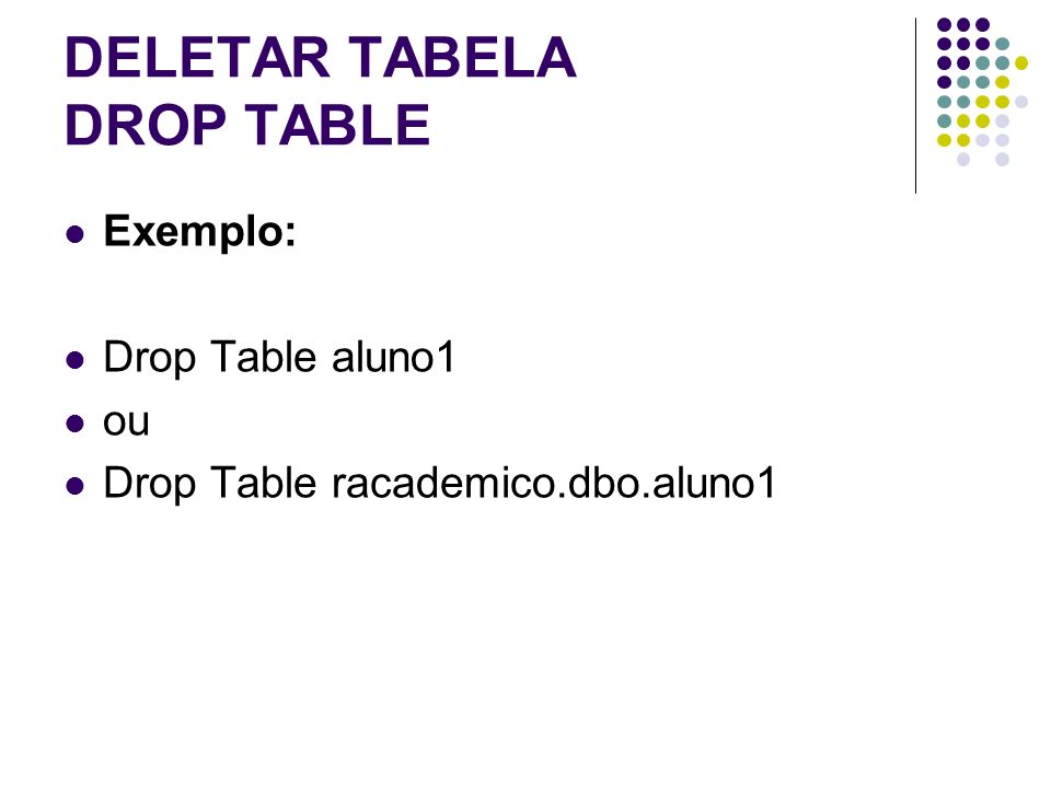 DELETAR TABELA DROP TABLE