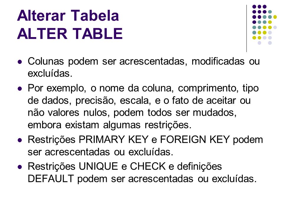 Alterar Tabela ALTER TABLE