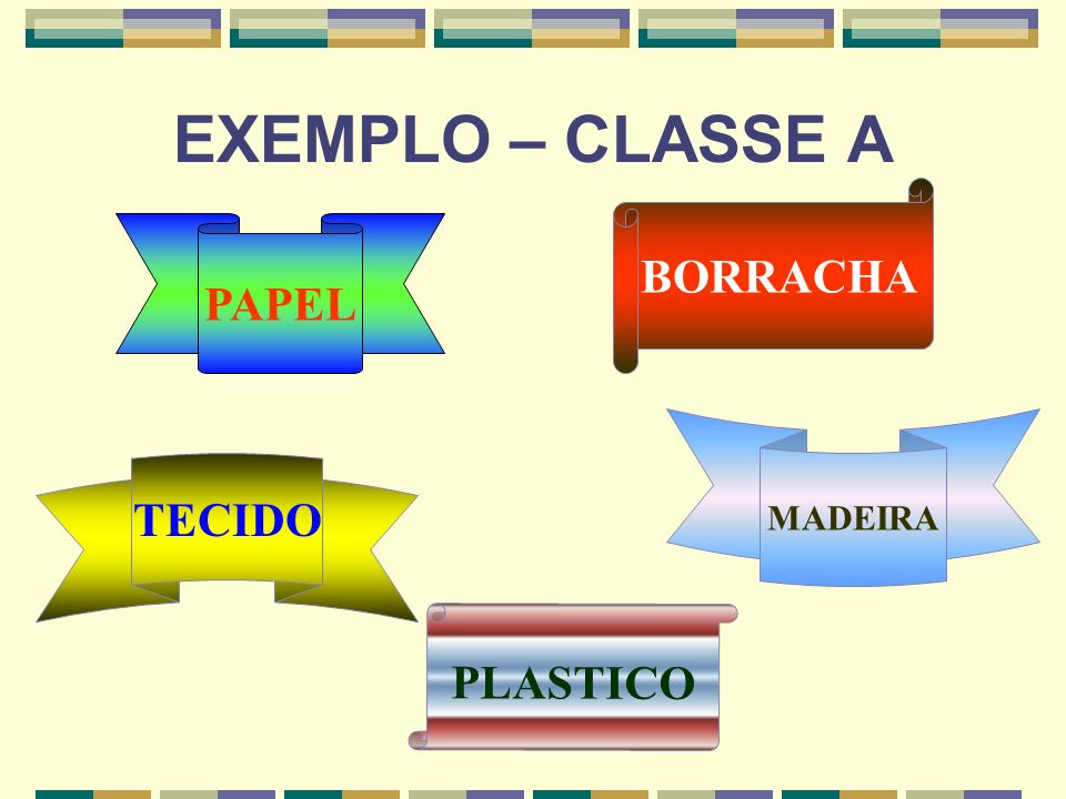 EXEMPLO – CLASSE A BORRACHA PAPEL MADEIRA TECIDO PLASTICO