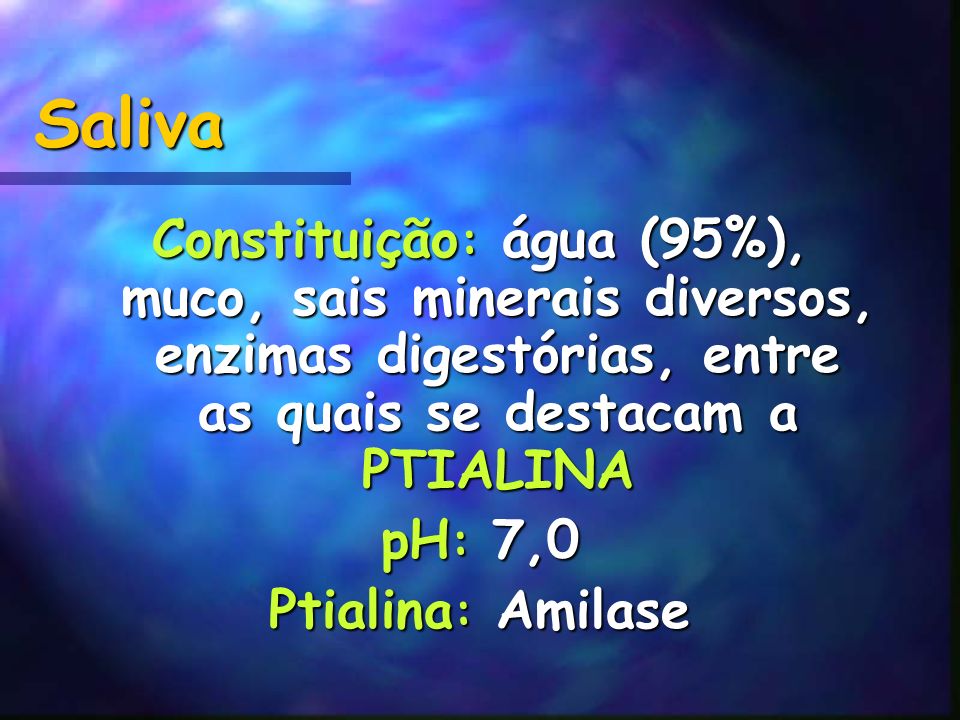 Saliva Constituição: água (95%), muco, sais minerais diversos, enzimas digestórias, entre as quais se destacam a PTIALINA.