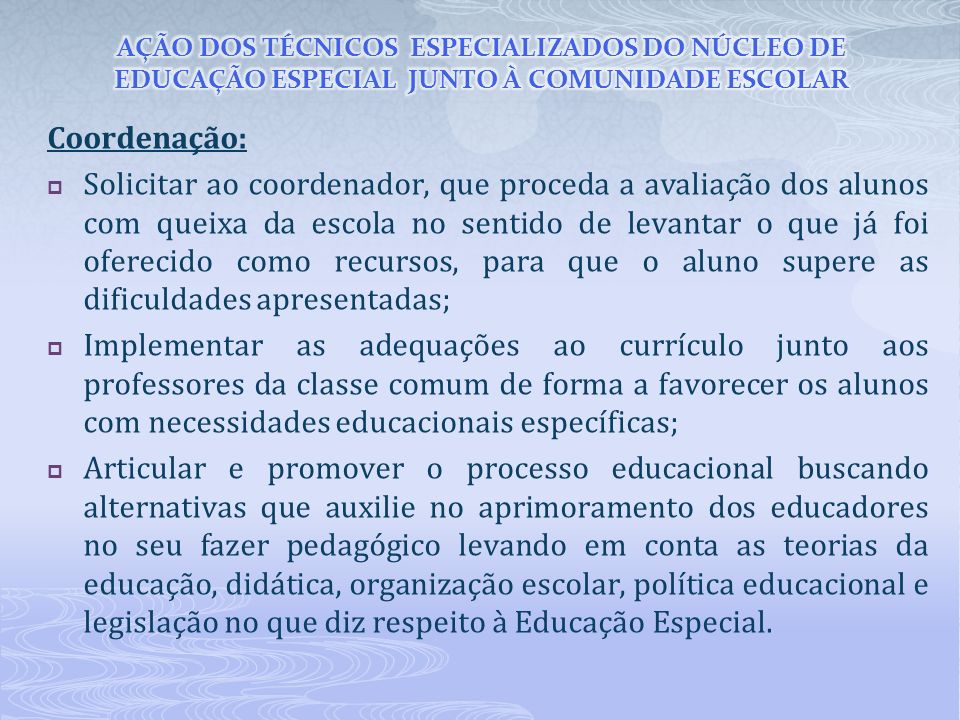 AÇÃO DOS TÉCNICOS ESPECIALIZADOS DO NÚCLEO DE EDUCAÇÃO ESPECIAL JUNTO À COMUNIDADE ESCOLAR