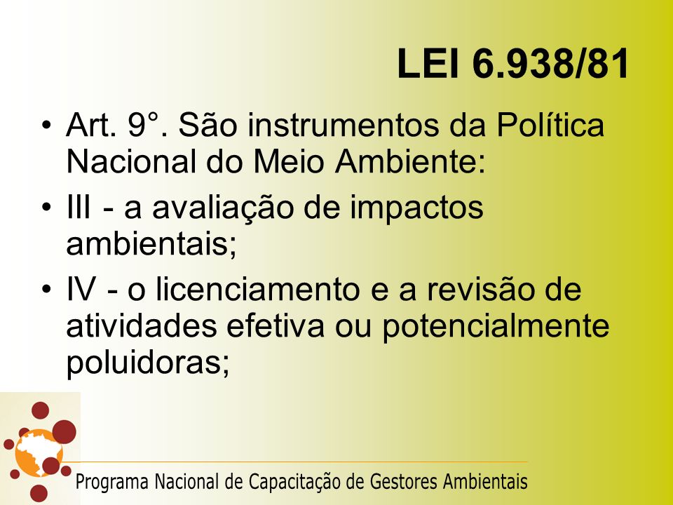 LEI 6.938/81 Art. 9°. São instrumentos da Política Nacional do Meio Ambiente: III - a avaliação de impactos ambientais;