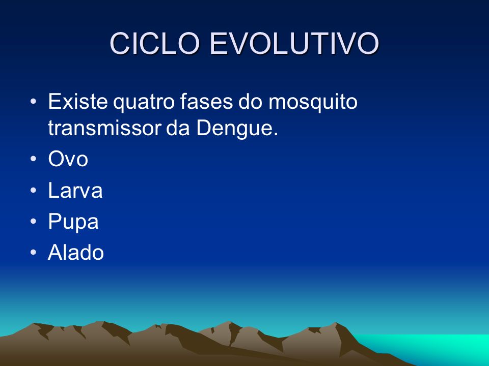 CICLO EVOLUTIVO Existe quatro fases do mosquito transmissor da Dengue.