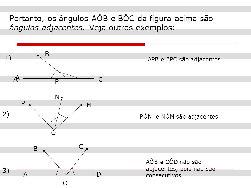 Portanto, os ângulos AÔB e BÔC da figura acima são ângulos adjacentes