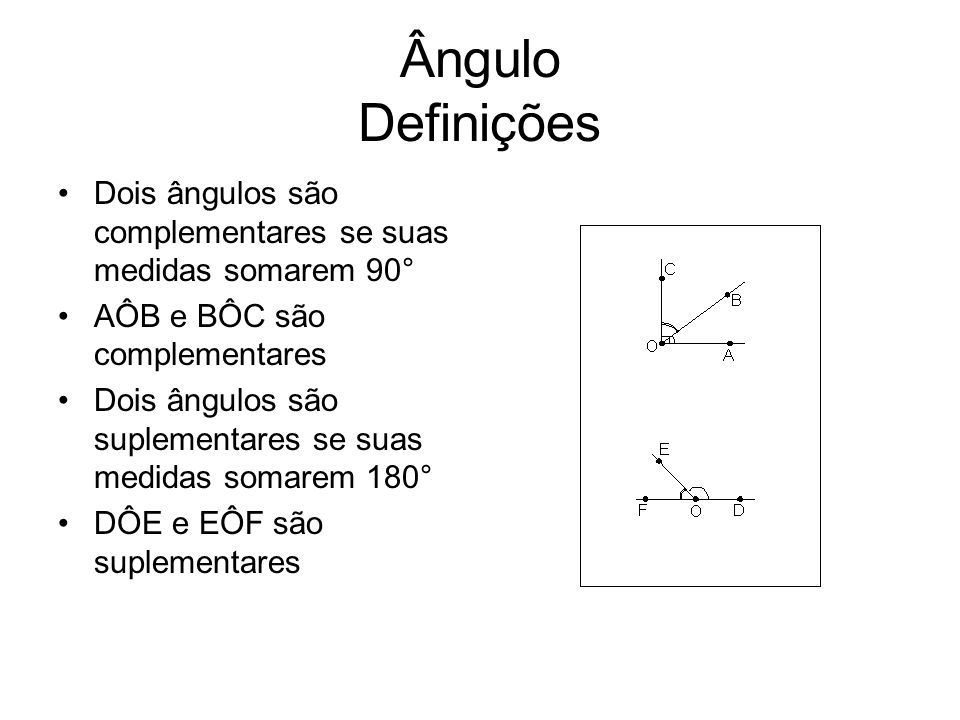 Ângulo Definições Dois ângulos são complementares se suas medidas somarem 90° AÔB e BÔC são complementares.
