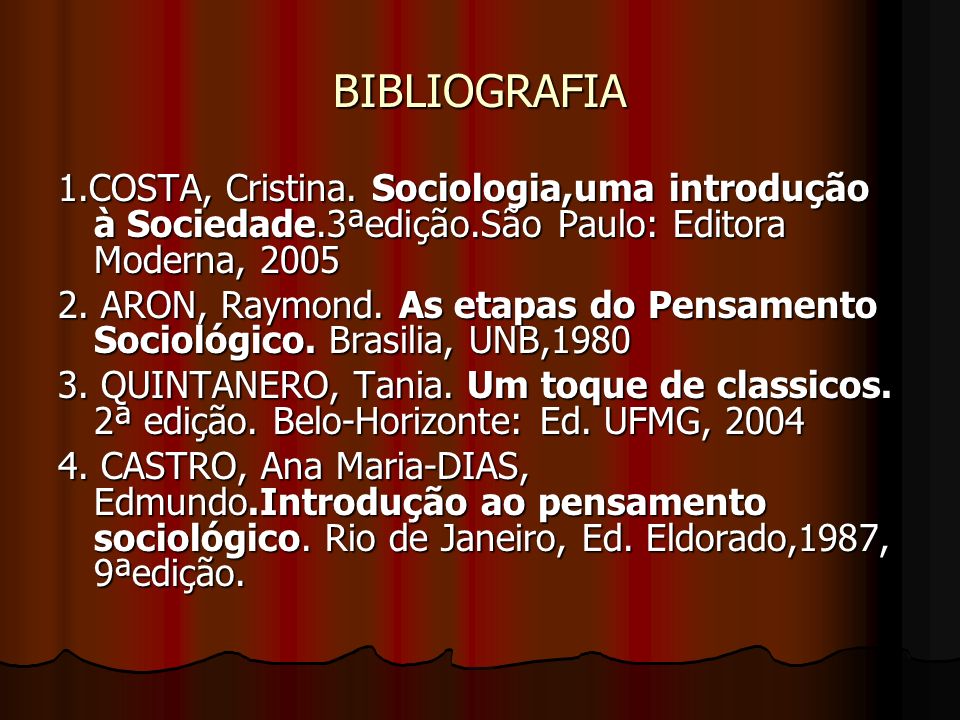 BIBLIOGRAFIA 1.COSTA, Cristina. Sociologia,uma introdução à Sociedade.3ªedição.São Paulo: Editora Moderna,