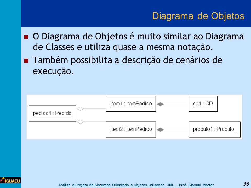 Diagrama de Objetos O Diagrama de Objetos é muito similar ao Diagrama de Classes e utiliza quase a mesma notação.